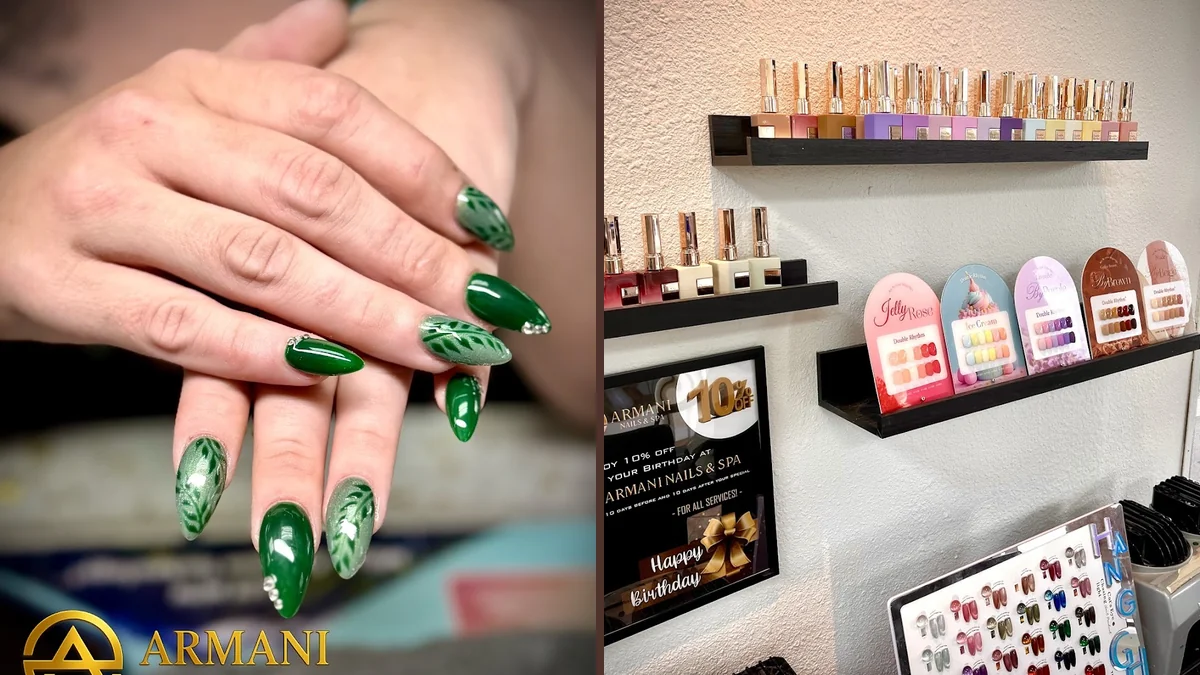 Manicured nails displayed on a salon table.